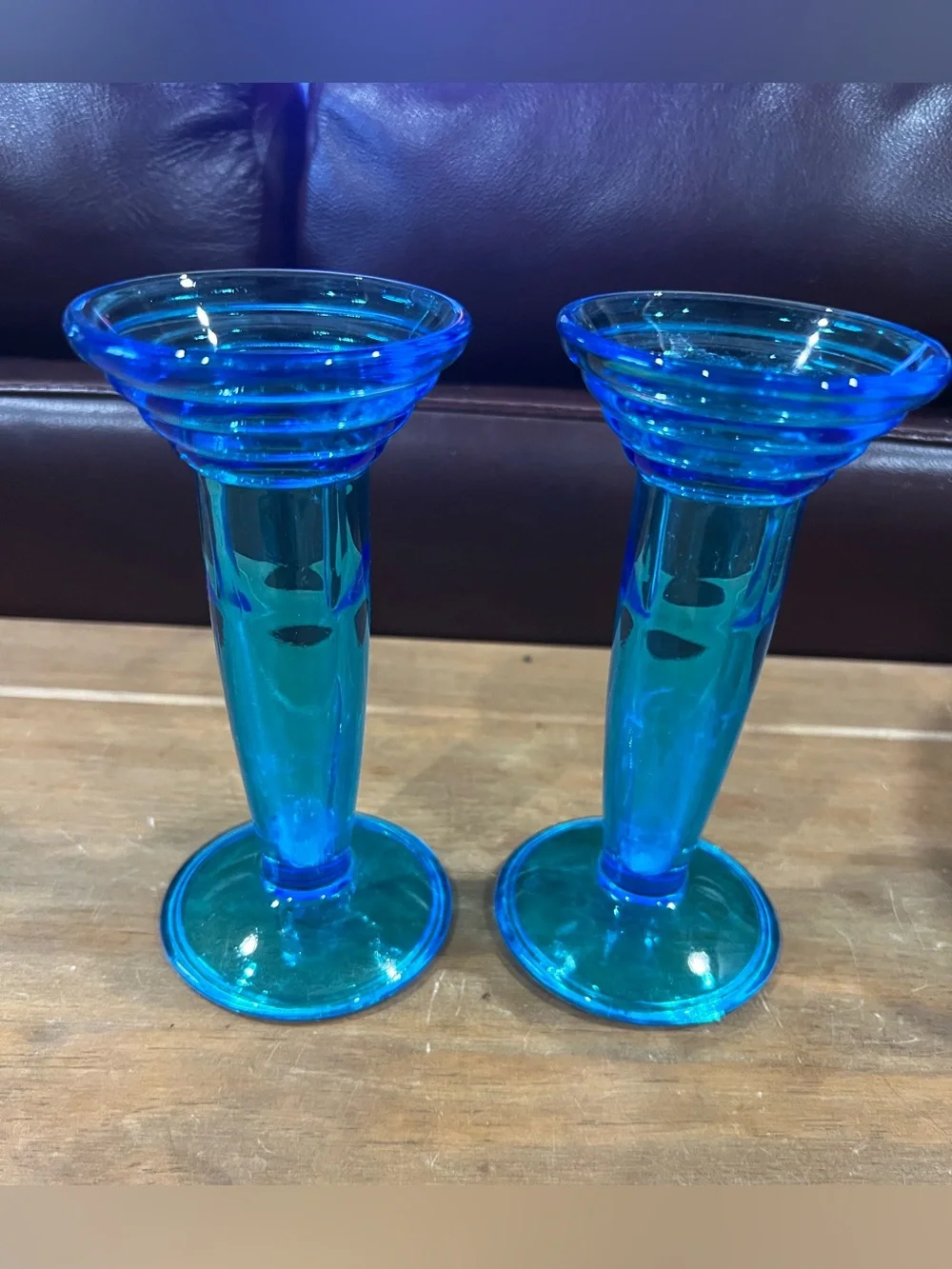 Mid Century glass candle sticks in perfect condition.